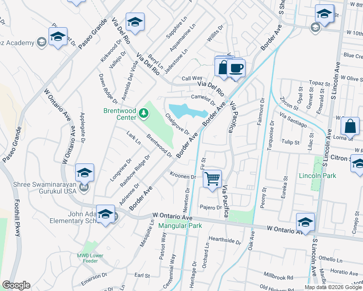 map of restaurants, bars, coffee shops, grocery stores, and more near 1586 Border Avenue in Corona