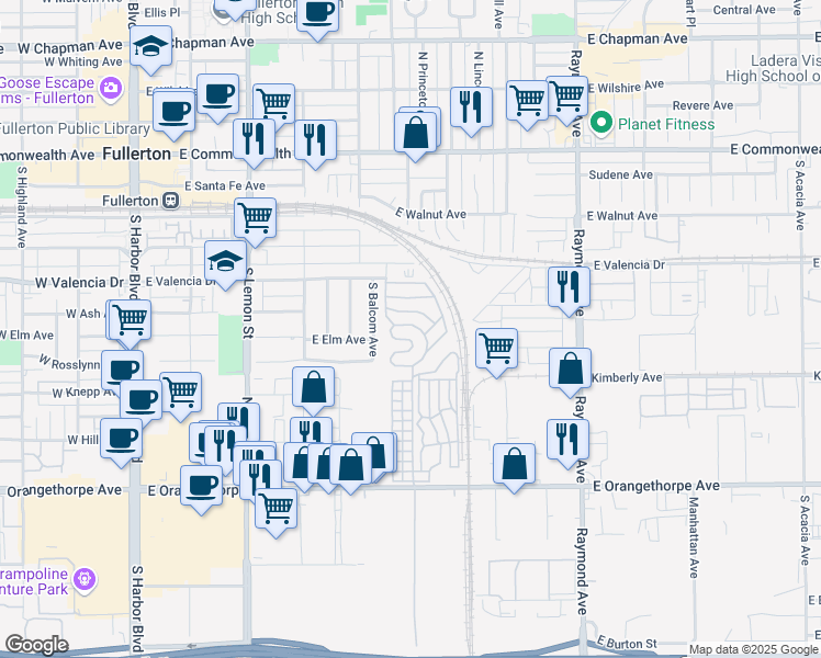 map of restaurants, bars, coffee shops, grocery stores, and more near 21 Ash Via in Anaheim