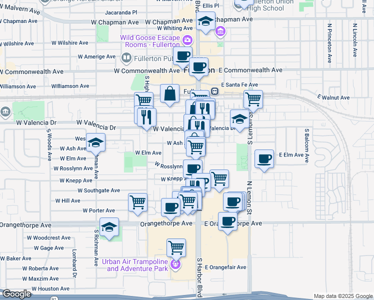 map of restaurants, bars, coffee shops, grocery stores, and more near 121 West Elm Avenue in Fullerton