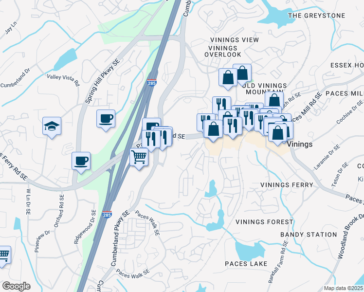 map of restaurants, bars, coffee shops, grocery stores, and more near 2700 Paces Ferry Road Southeast in Atlanta