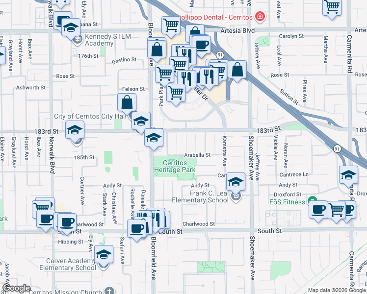map of restaurants, bars, coffee shops, grocery stores, and more near 18422 Winslow Place in Cerritos