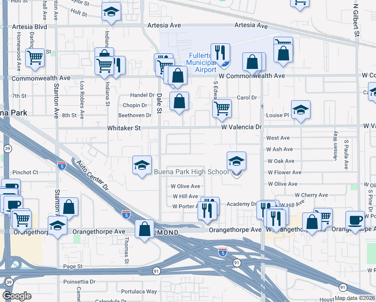 map of restaurants, bars, coffee shops, grocery stores, and more near 4243 West Oak Avenue in Fullerton