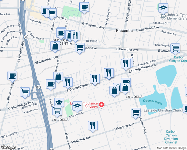 map of restaurants, bars, coffee shops, grocery stores, and more near 345 Crestlake Circle in Placentia