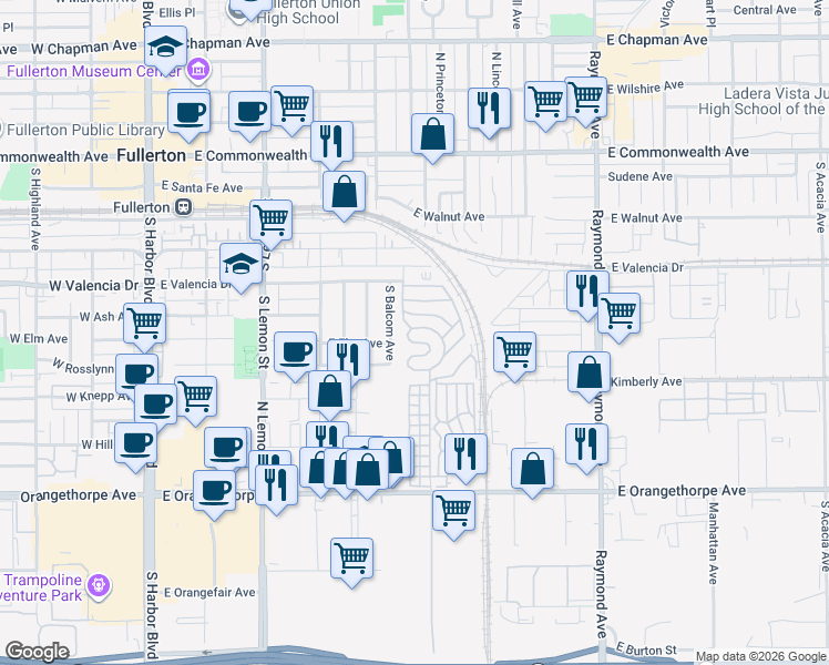 map of restaurants, bars, coffee shops, grocery stores, and more near 24 Pine Via in Fullerton