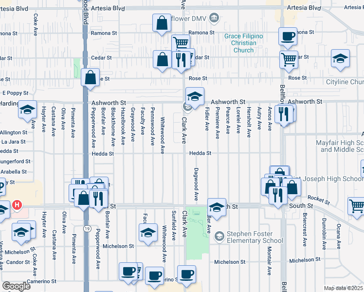 map of restaurants, bars, coffee shops, grocery stores, and more near 5046 La Jara Court in Lakewood