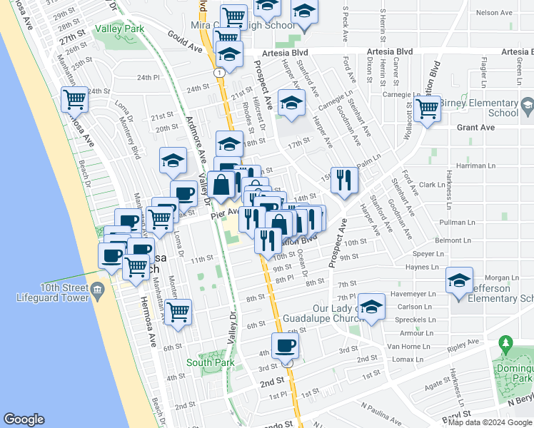 map of restaurants, bars, coffee shops, grocery stores, and more near 1100 Pacific Coast Highway in Hermosa Beach