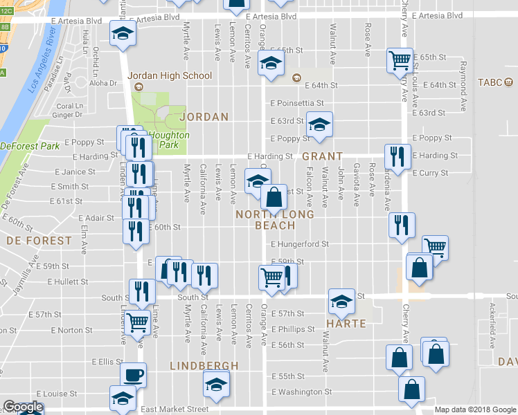 map of restaurants, bars, coffee shops, grocery stores, and more near 6095 Orange Avenue in Long Beach