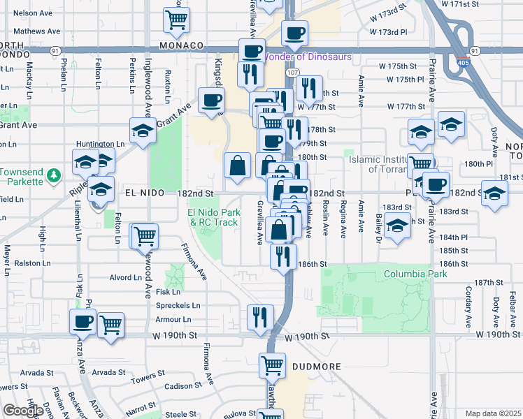 map of restaurants, bars, coffee shops, grocery stores, and more near 18228 Grevillea Avenue in Redondo Beach