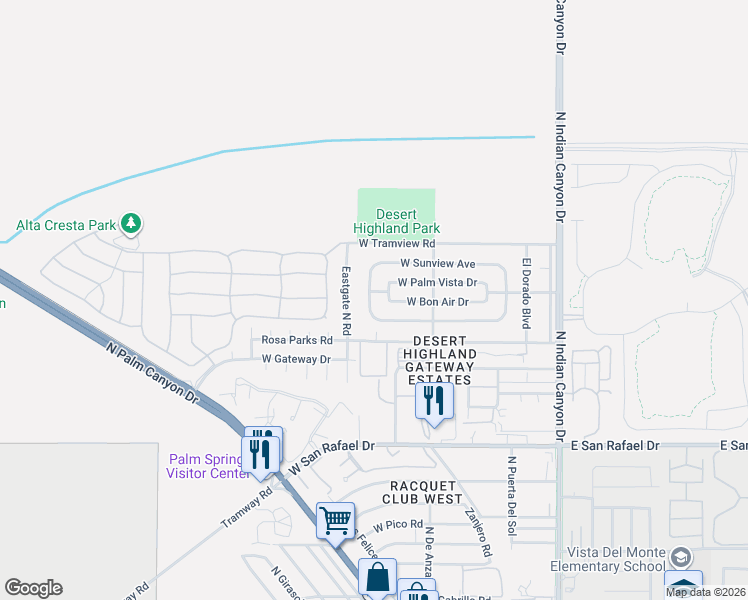 map of restaurants, bars, coffee shops, grocery stores, and more near 560 West Avenue Cerca in Palm Springs