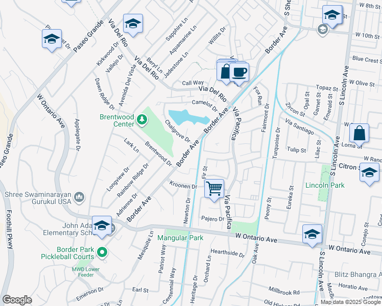 map of restaurants, bars, coffee shops, grocery stores, and more near 1305 Brentwood Circle in Corona