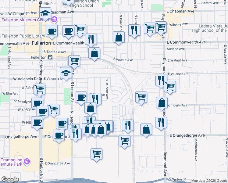 map of restaurants, bars, coffee shops, grocery stores, and more near 24 Pine Via in Fullerton