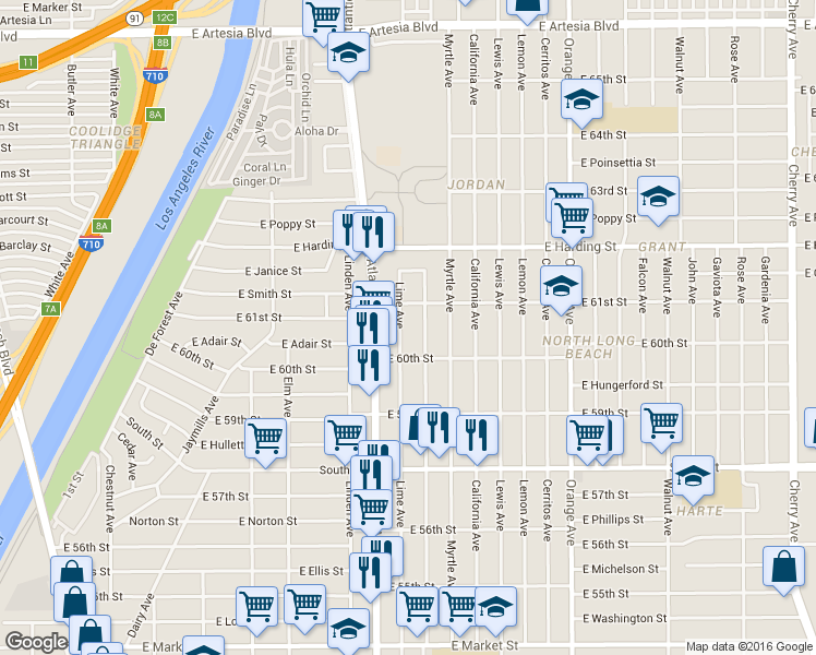 map of restaurants, bars, coffee shops, grocery stores, and more near 6017 Olive Avenue in Long Beach