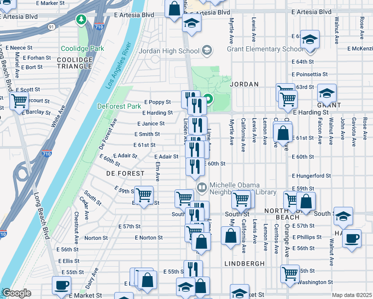 map of restaurants, bars, coffee shops, grocery stores, and more near 486 East Adair Street in Long Beach
