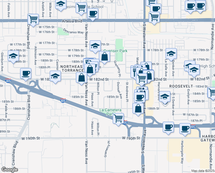 map of restaurants, bars, coffee shops, grocery stores, and more near 2016 184th Street in Torrance