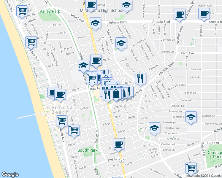 map of restaurants, bars, coffee shops, grocery stores, and more near 1100 Pacific Coast Highway in Hermosa Beach