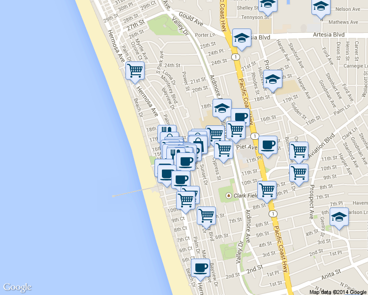 map of restaurants, bars, coffee shops, grocery stores, and more near 1414 Manhattan Avenue in Hermosa Beach