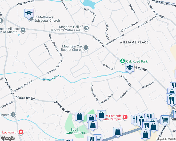map of restaurants, bars, coffee shops, grocery stores, and more near 3170 Oak Meadow Drive in Snellville