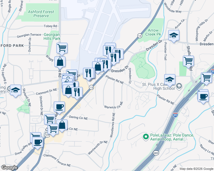 map of restaurants, bars, coffee shops, grocery stores, and more near 2671 Warwick Circle Northeast in Atlanta