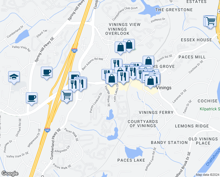 map of restaurants, bars, coffee shops, grocery stores, and more near 2768 Broughton Square in Atlanta