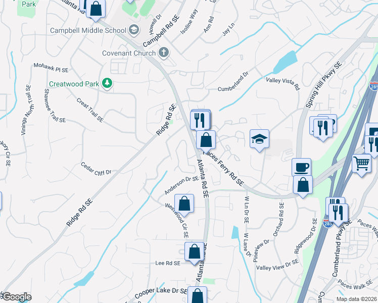 map of restaurants, bars, coffee shops, grocery stores, and more near 3545 Paces Ferry Circle Southeast in Smyrna