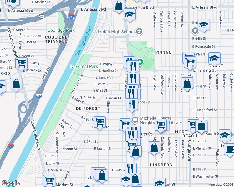 map of restaurants, bars, coffee shops, grocery stores, and more near 456 East 61st Street in Long Beach