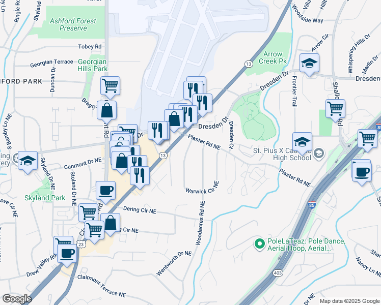 map of restaurants, bars, coffee shops, grocery stores, and more near 2671 Warwick Circle Northeast in Atlanta