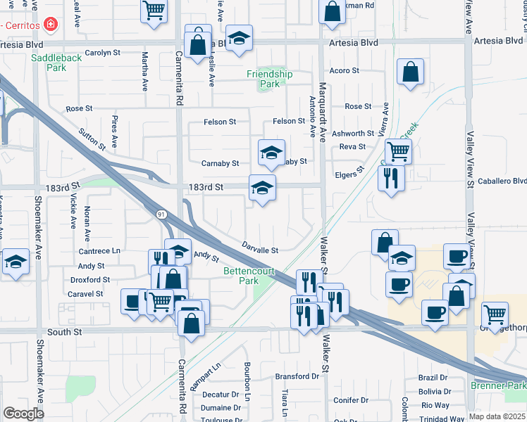 map of restaurants, bars, coffee shops, grocery stores, and more near 13600 183rd Street in Cerritos