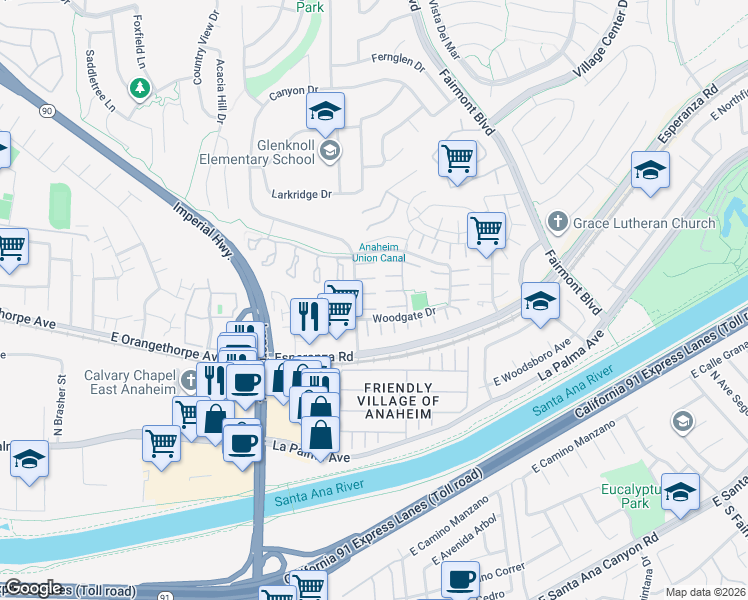 map of restaurants, bars, coffee shops, grocery stores, and more near 6811 Blue Ridge Court in Yorba Linda