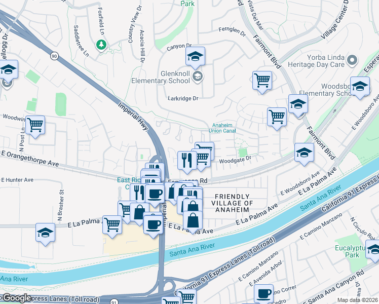 map of restaurants, bars, coffee shops, grocery stores, and more near 6782 Tahitian Circle in Yorba Linda
