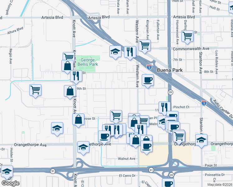 map of restaurants, bars, coffee shops, grocery stores, and more near 6641 Rostrata Avenue in Buena Park