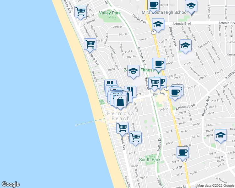 map of restaurants, bars, coffee shops, grocery stores, and more near 1414 Manhattan Avenue in Hermosa Beach