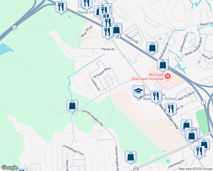 map of restaurants, bars, coffee shops, grocery stores, and more near 3233 Lyndon Drive in Little River