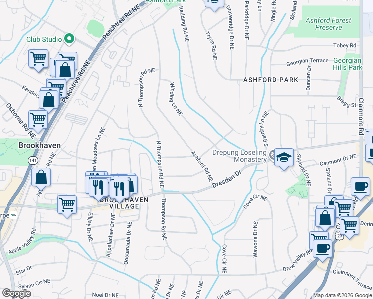 map of restaurants, bars, coffee shops, grocery stores, and more near 2618 Ashford Road Northeast in Atlanta