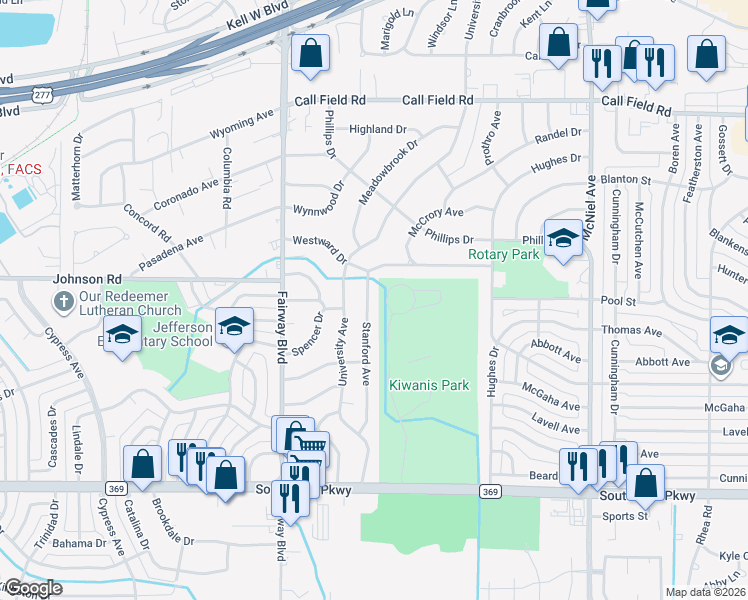 map of restaurants, bars, coffee shops, grocery stores, and more near 4614 Stanford Avenue in Wichita Falls