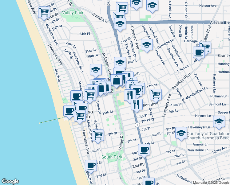 map of restaurants, bars, coffee shops, grocery stores, and more near Ardmore Avenue & Pier Avenue in Hermosa Beach