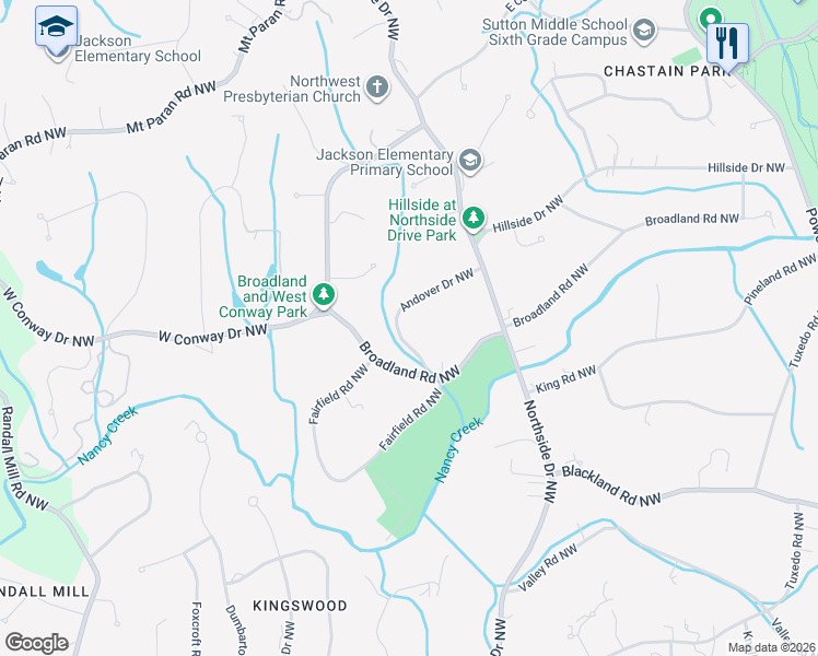 map of restaurants, bars, coffee shops, grocery stores, and more near 708 Andover Drive Northwest in Atlanta