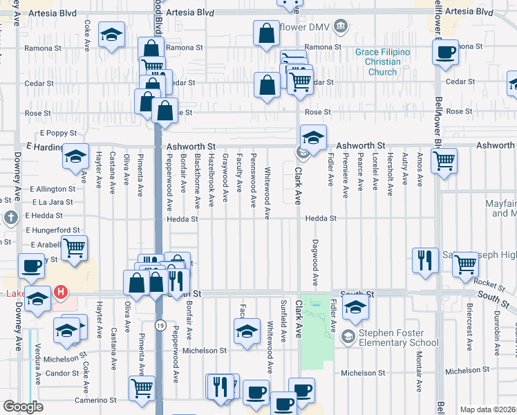 map of restaurants, bars, coffee shops, grocery stores, and more near 4814 Hedda Street in Lakewood
