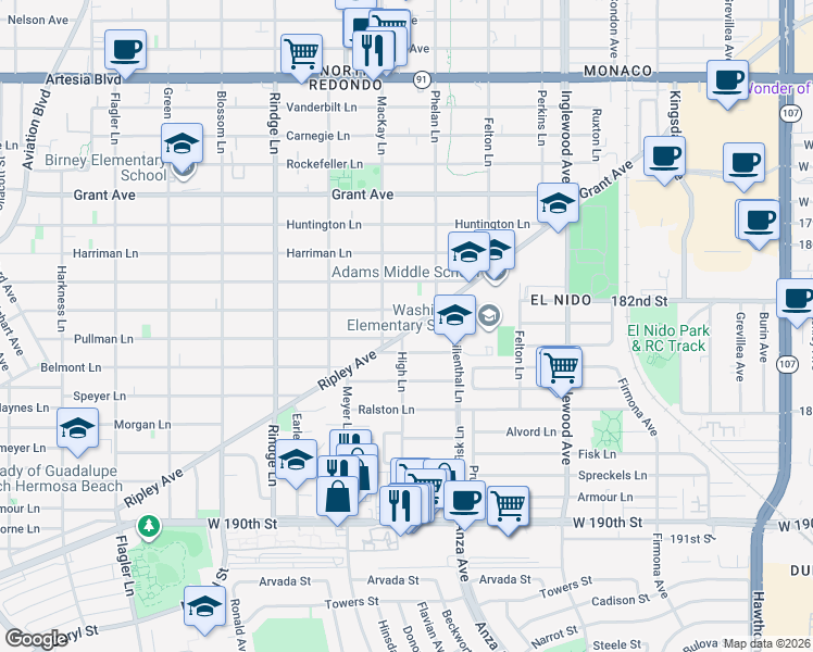 map of restaurants, bars, coffee shops, grocery stores, and more near 1103 High Lane in Redondo Beach