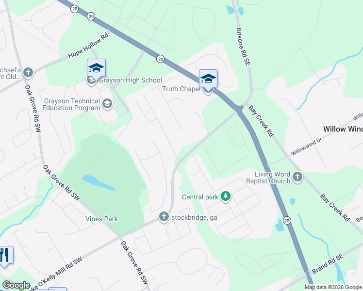 map of restaurants, bars, coffee shops, grocery stores, and more near 225 Hoke O'Kelly Mill Road Southwest in Loganville