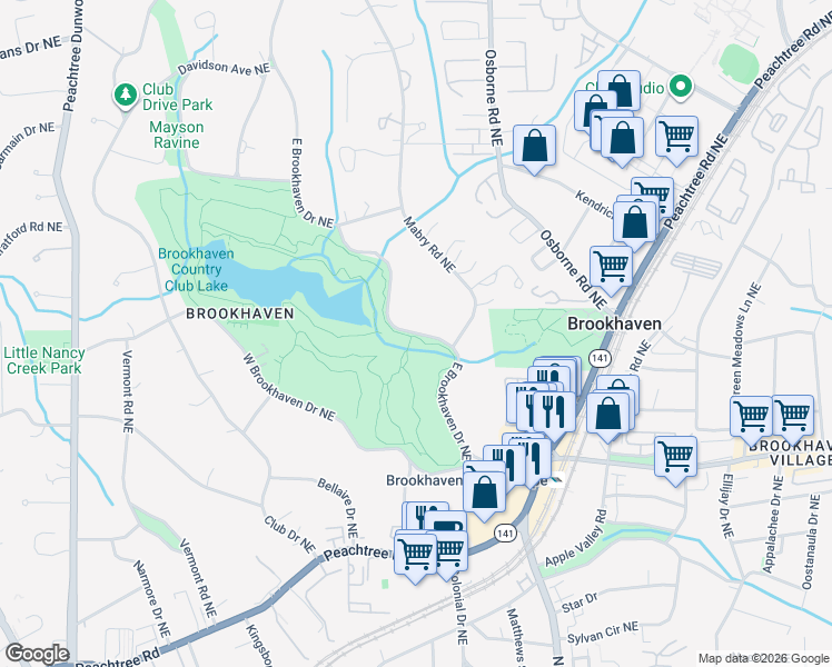 map of restaurants, bars, coffee shops, grocery stores, and more near 4000 E Brookhaven Dr NE in Atlanta