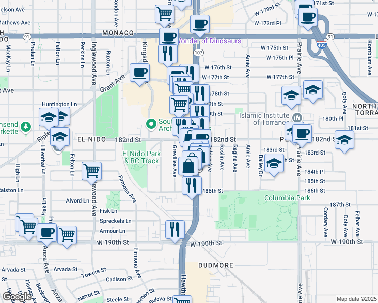 map of restaurants, bars, coffee shops, grocery stores, and more near 18313 Hawthorne Boulevard in Redondo Beach