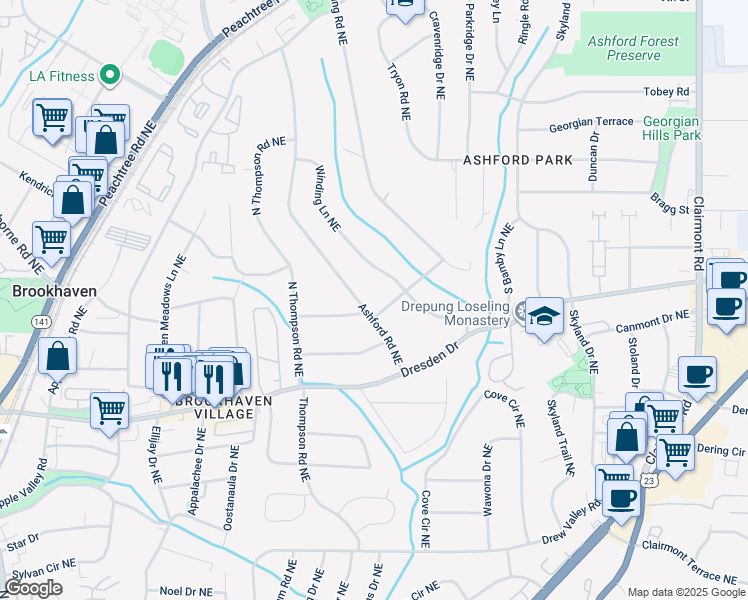 map of restaurants, bars, coffee shops, grocery stores, and more near 2629 Ashford Road Northeast in Atlanta