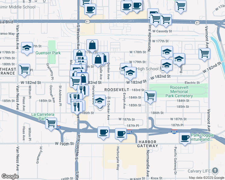 map of restaurants, bars, coffee shops, grocery stores, and more near 18313 South Denker Avenue in Gardena
