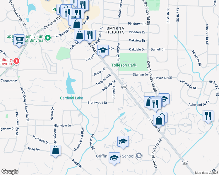 map of restaurants, bars, coffee shops, grocery stores, and more near 3686 Crestview Drive in Smyrna