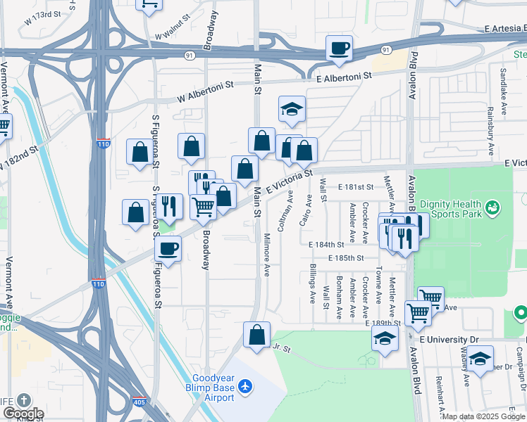 map of restaurants, bars, coffee shops, grocery stores, and more near 18223 Milmore Avenue in Carson