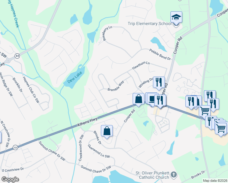 map of restaurants, bars, coffee shops, grocery stores, and more near 889 Bramble Way in Grayson