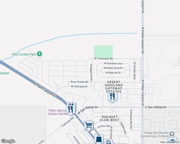 map of restaurants, bars, coffee shops, grocery stores, and more near 3811 Eastgate North Road in Palm Springs