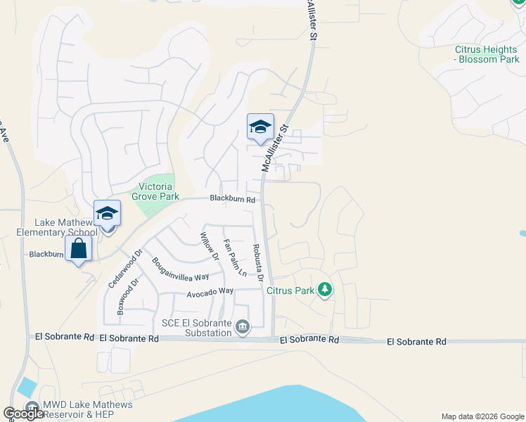 map of restaurants, bars, coffee shops, grocery stores, and more near 17546 McAllister Street in Riverside