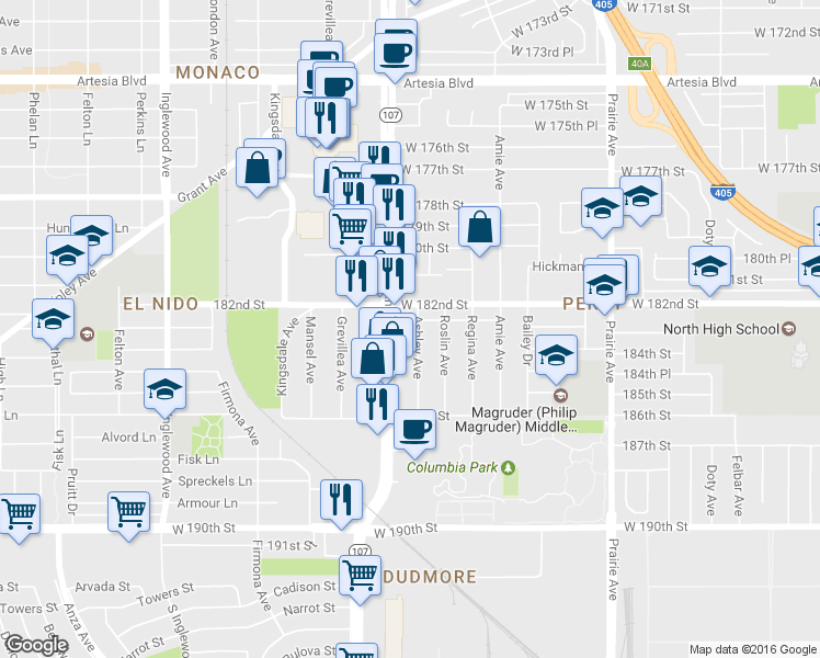 map of restaurants, bars, coffee shops, grocery stores, and more near 18237 Ashley Avenue in Torrance