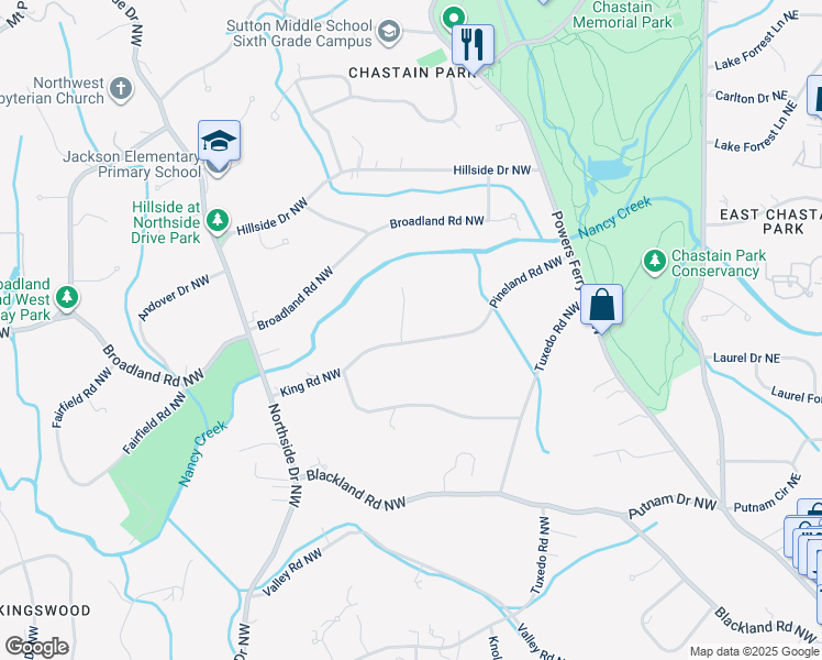 map of restaurants, bars, coffee shops, grocery stores, and more near 349 Pineland Road Northwest in Atlanta